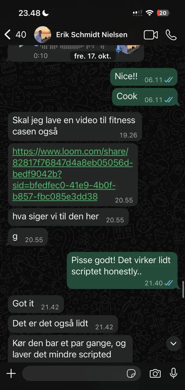 Erik beder om feedback på sin egen Loom-pitch før han sender den